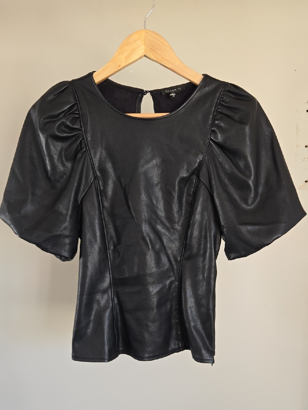 Dynamite Faux Leather Puff Sleeve Top Black Fitted XS Coquette Flattering - Picture 2 of 6